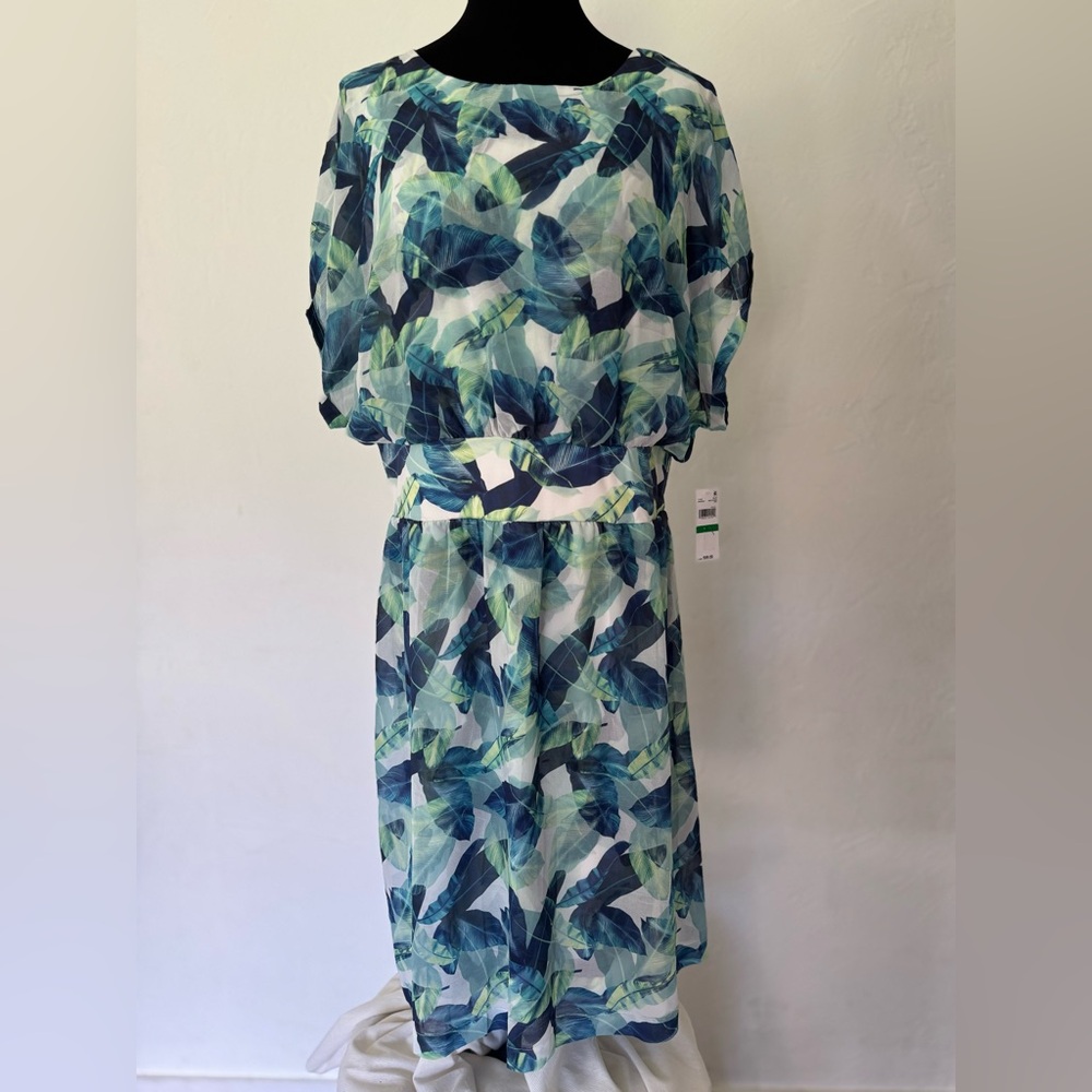 H by Halston‎ Leaf Print Midi Dress NWT Size L  Blue Green Tropical Vibes
